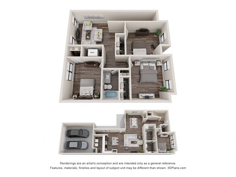a stylized 3d floor plan of a 2100 sq ft apartment